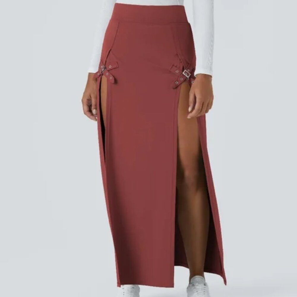 Halara High Waisted Decorative Buckle Split 2-in-1‎ Maxi Skirt Clay Small NWT